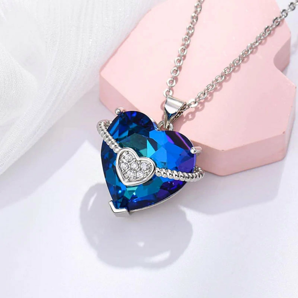 🆕️For Love Sterling Silver S925 Heart To Heart Blue Crystal Necklace
